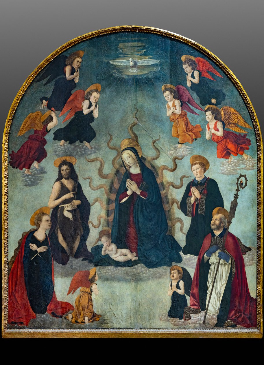 Madonna och barn med heliga (olja på panel) av Alessio & Scheggini Michele da Larciano (known as Graffione) (1470 85) Baldovinetti