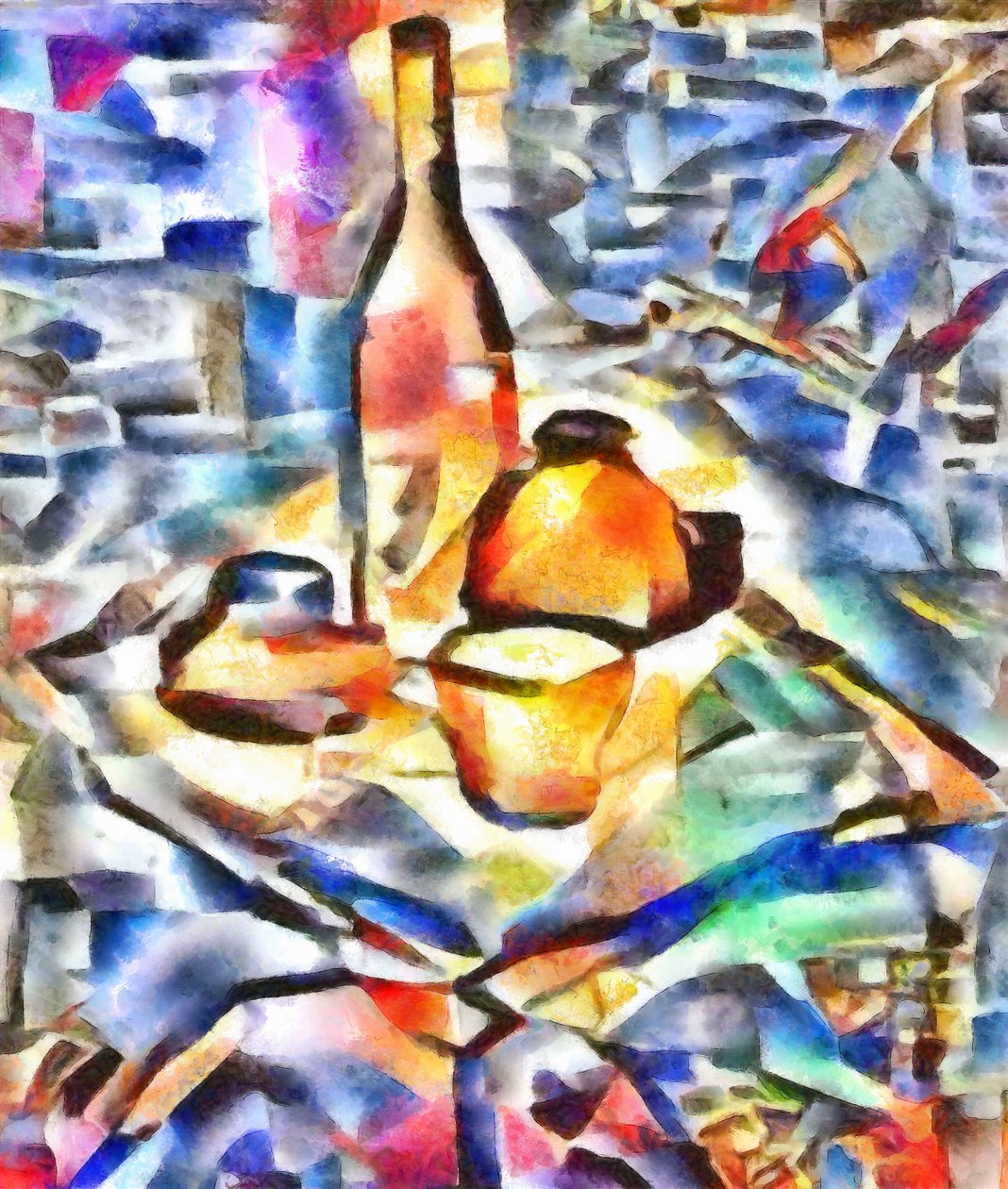 orange-blå stilleben, 2017, av Alex Caminker
