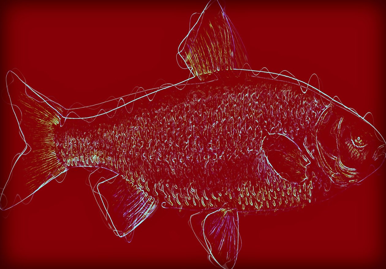 Fish V,2020 ,(blandade media) av Alex Caminker