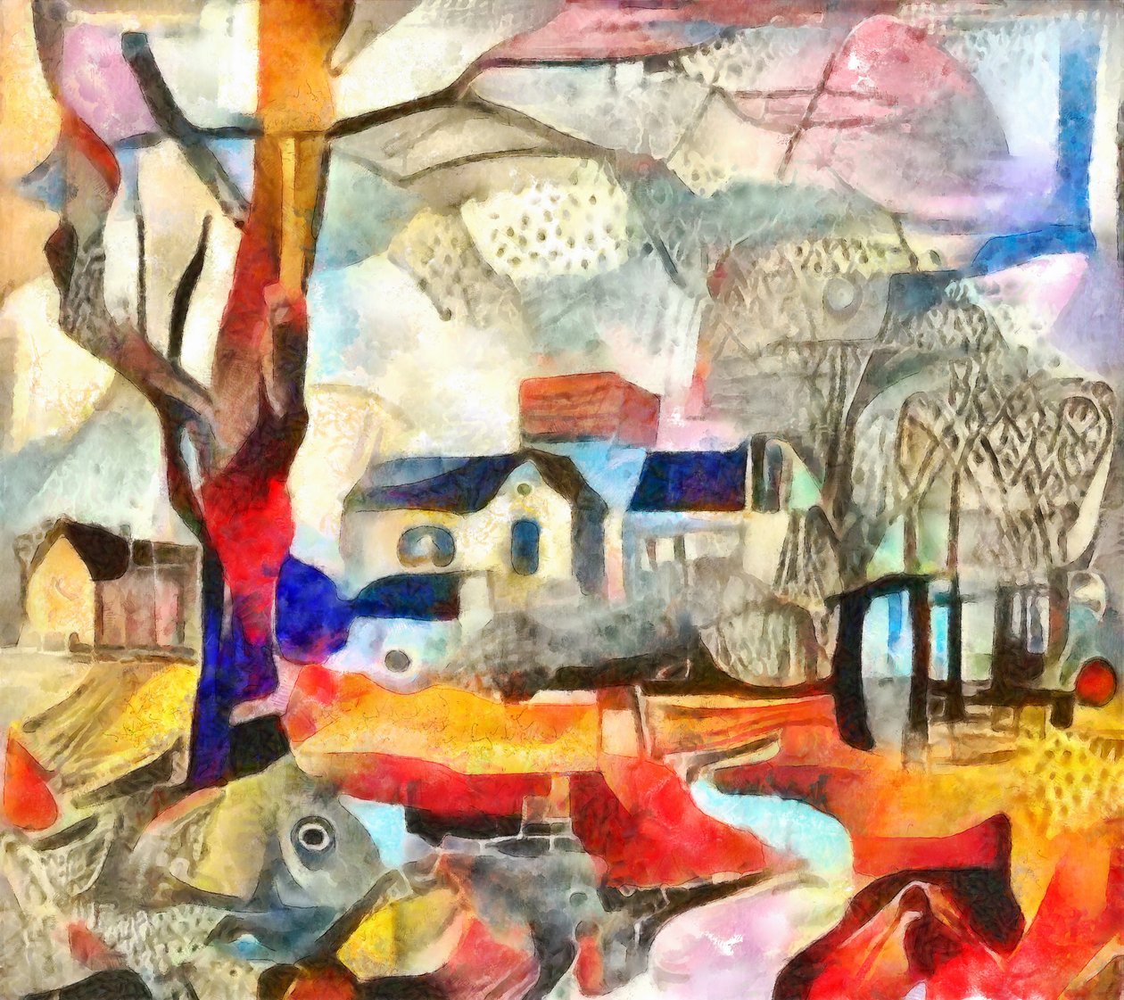 byggnader i parkens djup, 2017, (blandade media) av Alex Caminker
