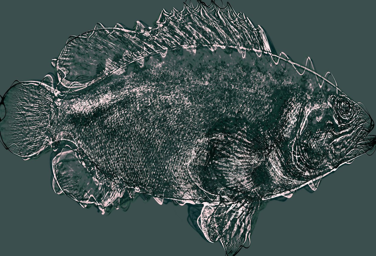 fisk i grönt, 2020, (blandteknik) av Alex Caminker