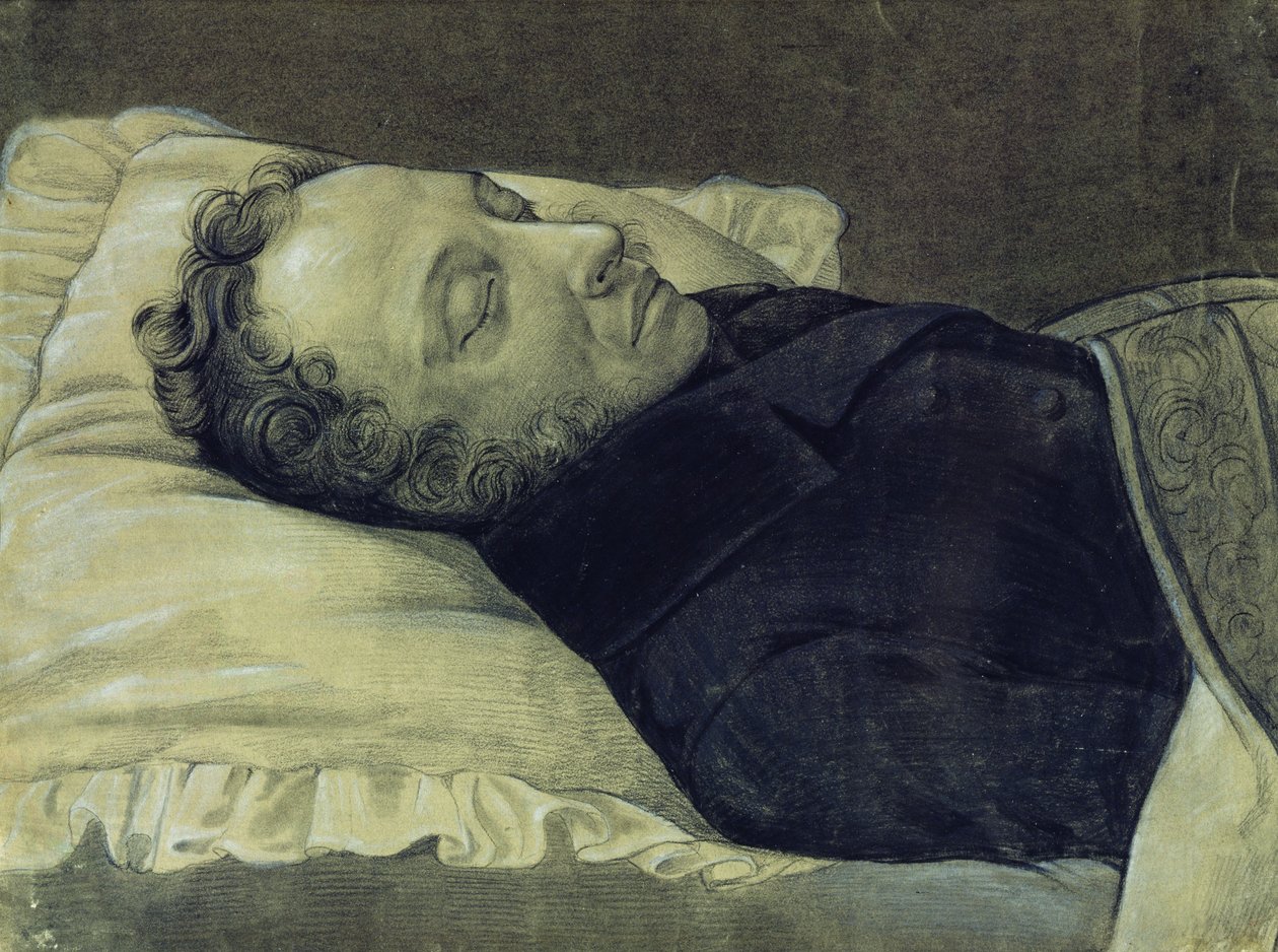 Picha ya Alexander Pushkin kwenye kitanda chake cha kufa, 1837 (penseli, gouache na wino kwenye karatasi) av Alexander Alexeyevich Koslov