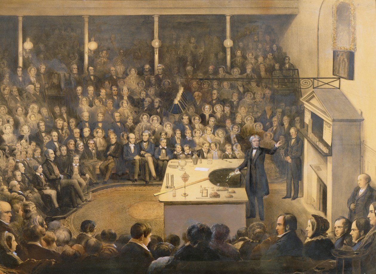 Michael Faraday (1791-1867) Föreläser i teatern vid Royal Institution, ca 1856 (färgad litografi) av Alexander Blaikley