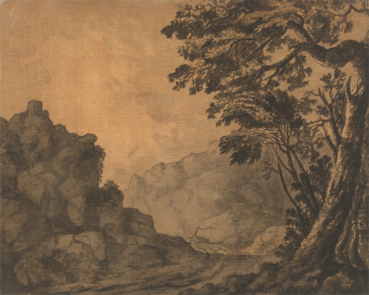 En väg i ett bergslandskap med träd till höger av Alexander Cozens