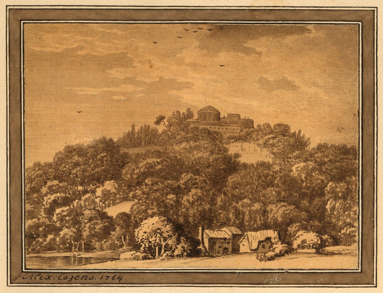 Landskap med tempel, 1764 (tvätt på papper) av Alexander Cozens