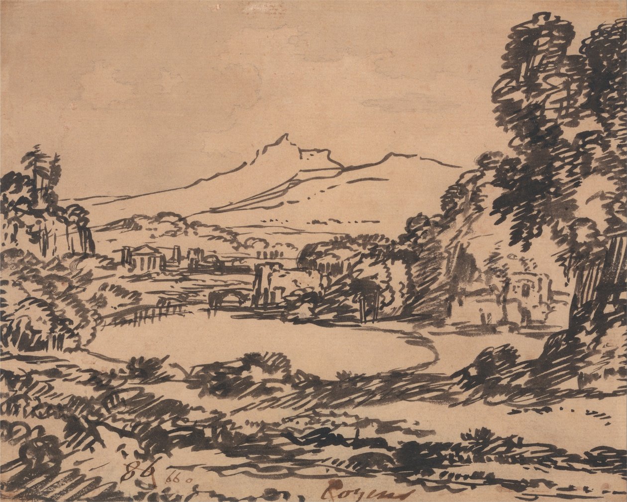 Landskap med en sjö och fjärran berg av Alexander Cozens