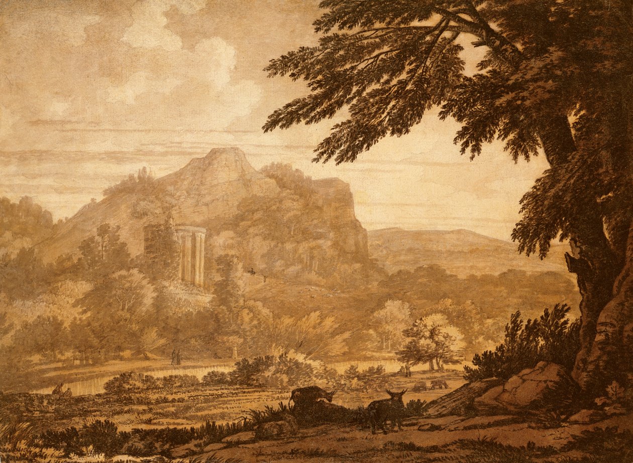 Landskap med ett tempel (penna och bläck och tvätt på papper) av Alexander Cozens