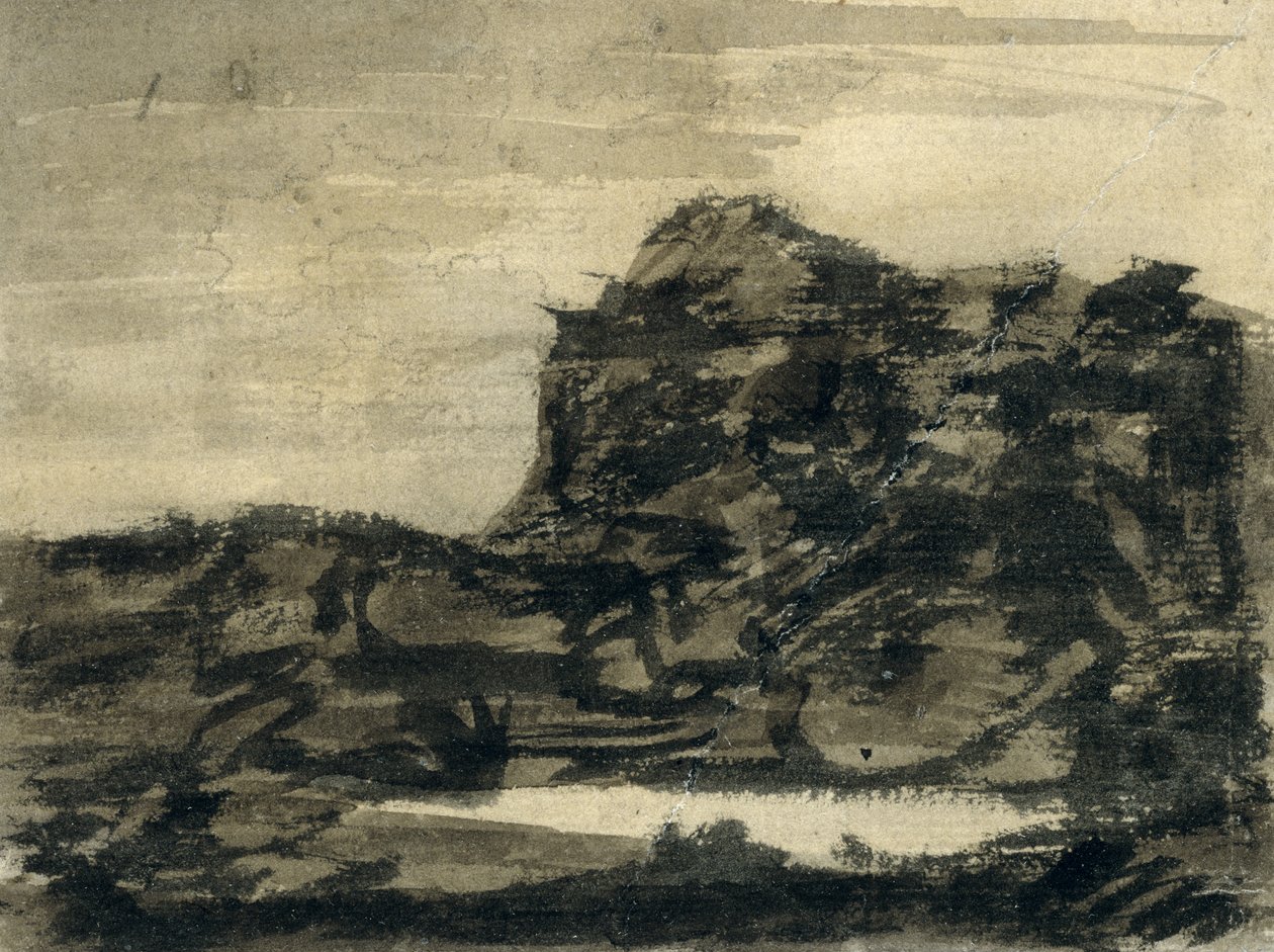 Sjön vid foten av klippan (blyerts med svarta, grå och bruna tvättar på papper) av Alexander Cozens