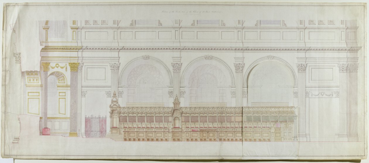 Förhöjning av kören i St. Pauls Cathedral som omdekorerad av C.R. Cockerell (1788-1863) 1848 (penna och wc på papper) av Alexander Dick Gough