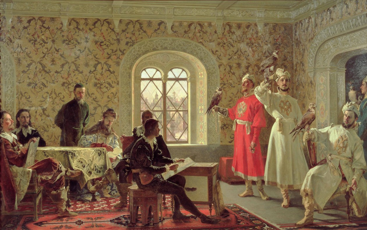 Den italienska ambassadören Calvuci ritar tsar Alexei Mikhailovichs (1629-76) falkar 1889 av Alexander Dimitrievitch Litovtchenko