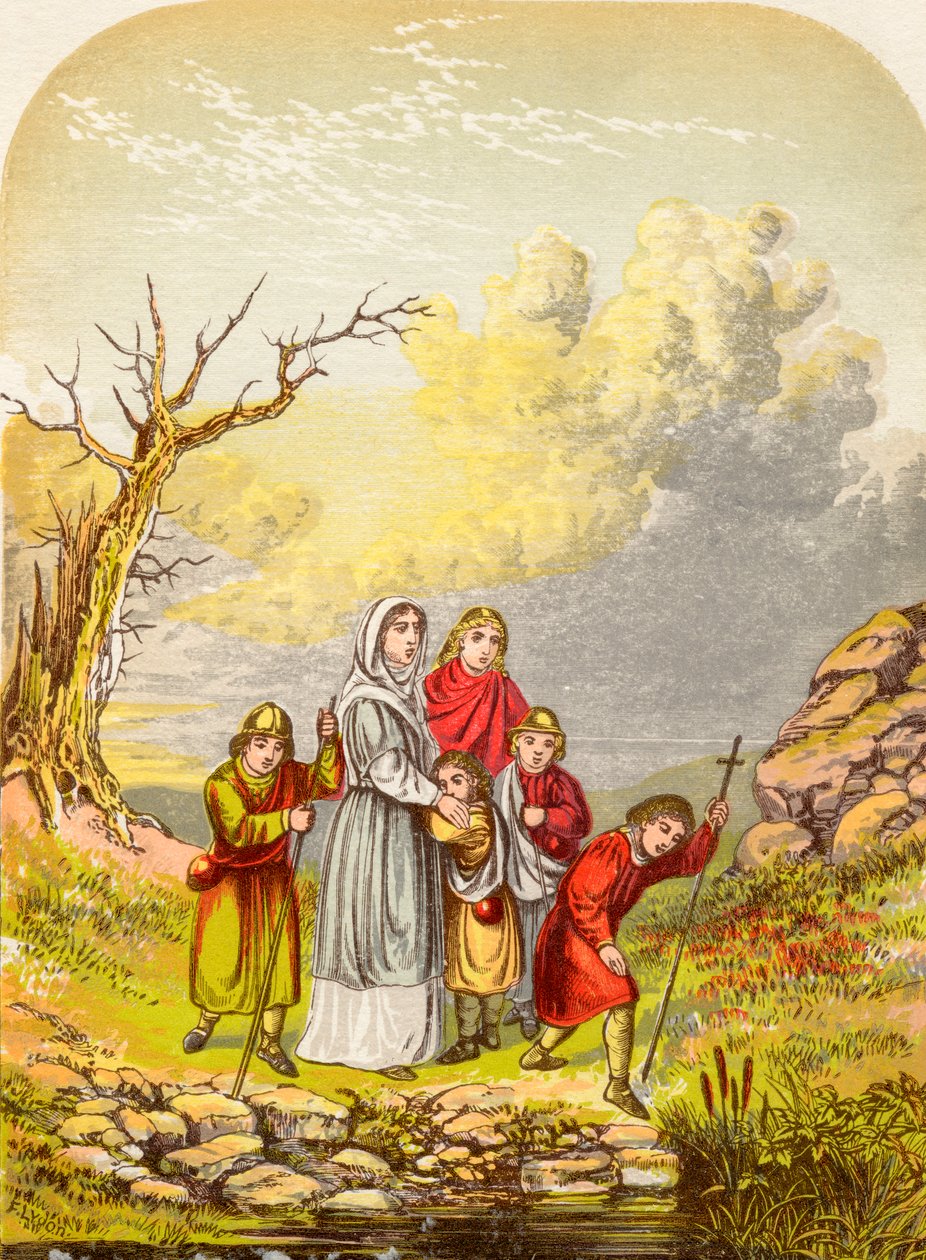 Christiana och hennes barn anländer till Slough of Despond, från The Pilgrims Progress av John Bunyan, publicerad ca 1880 av Alexander Francis Lydon
