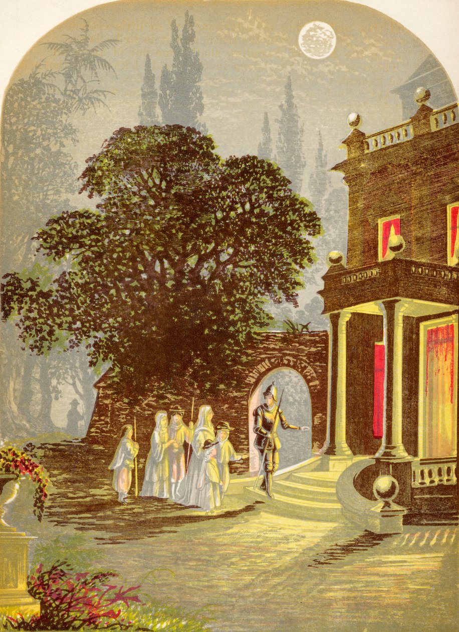 The Pilgrims Arriving at the Inn, från The Pilgrims Progress av John Bunyan, publicerad ca 1880 av Alexander Francis Lydon