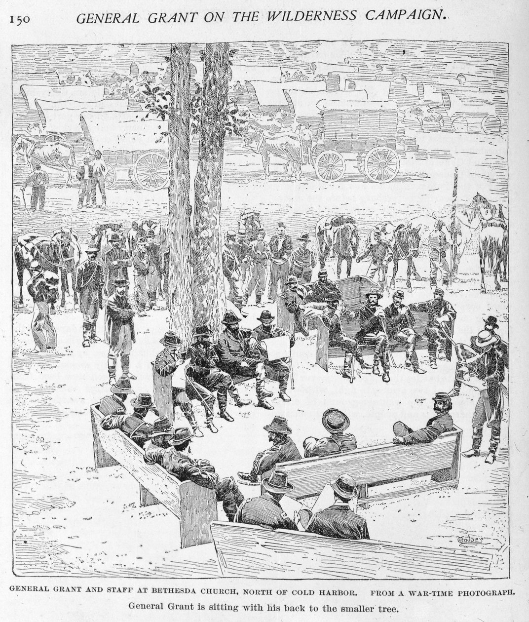 General Grant och personal vid Bethesda Church, norr om Cold Harbour, graverade av J.W. Taber (fl.1850-1928) från ett fotografi, illustration från 