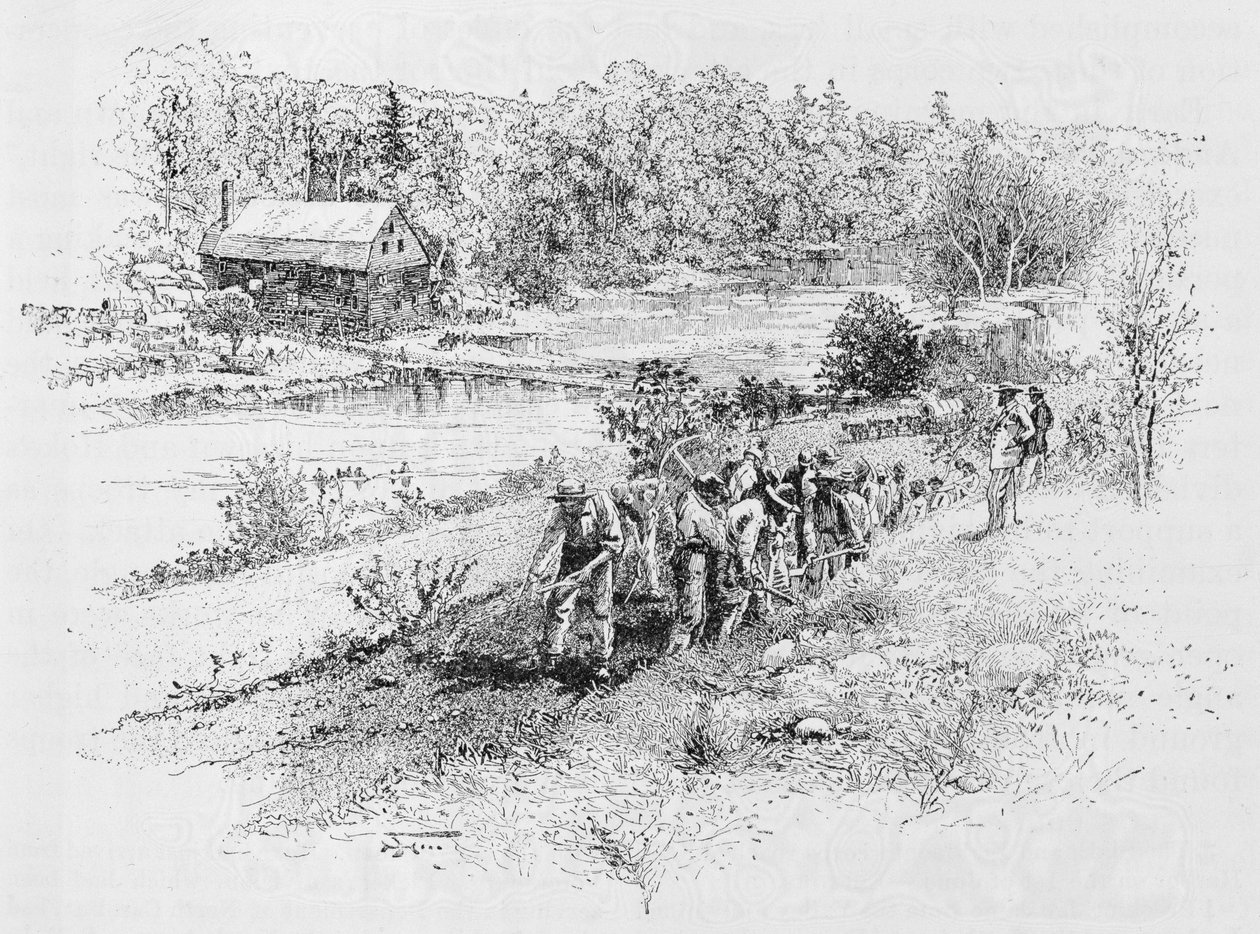 Jericho Mills: Union engineer corps at work, graverad av Harry Fenn (183845-1911) från ett fotografi, illustration från "Battles and Leaders of the Civil War", redigerad av Robert Underwood Johnson och C av Alexander Gardner