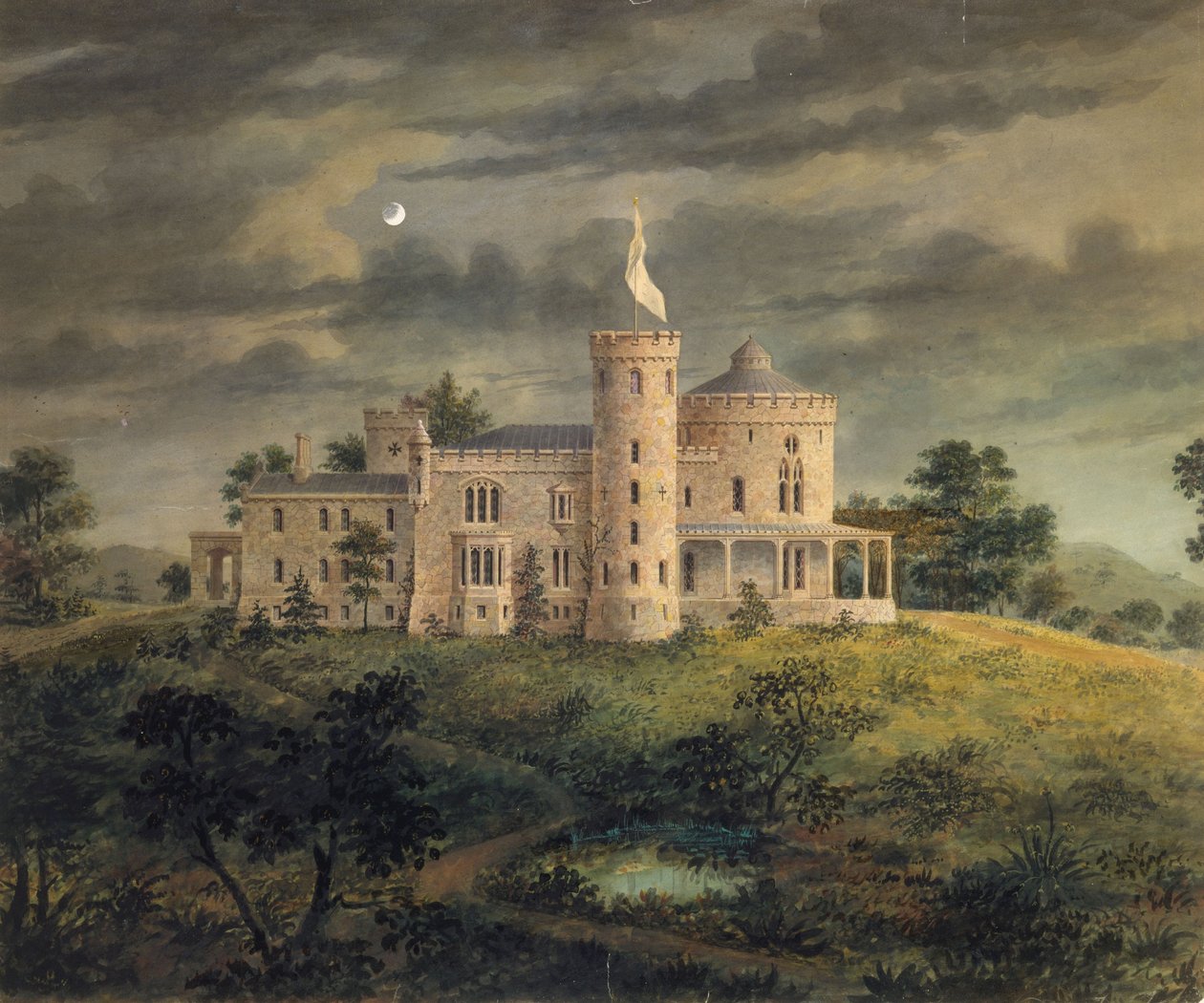 Ericstan, Tarrytown, 1855 (wc, bläck och grafit på papper) av Alexander Jackson Davis
