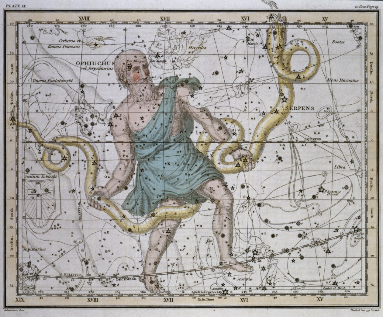 Ophiuchus eller Serpentarius, från "A Celestial Atlas", pub. år 1822 av Alexander Jamieson
