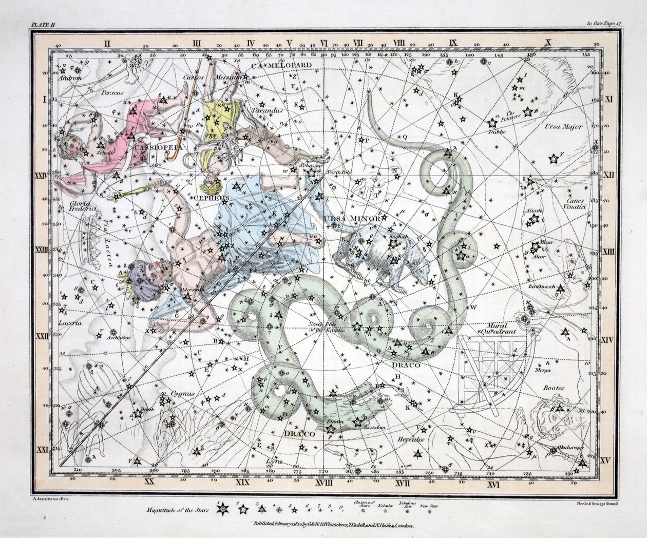 Konstellationerna (Plåt II) Ursa Minor, Cassiopeia, Tarandus, Cepheus, Draco, Custos Messium, från "A Celestial Atlas" av Alexander Jamieson, pub. London 1822 (handfärgad gravyr) av Alexander Jamieson