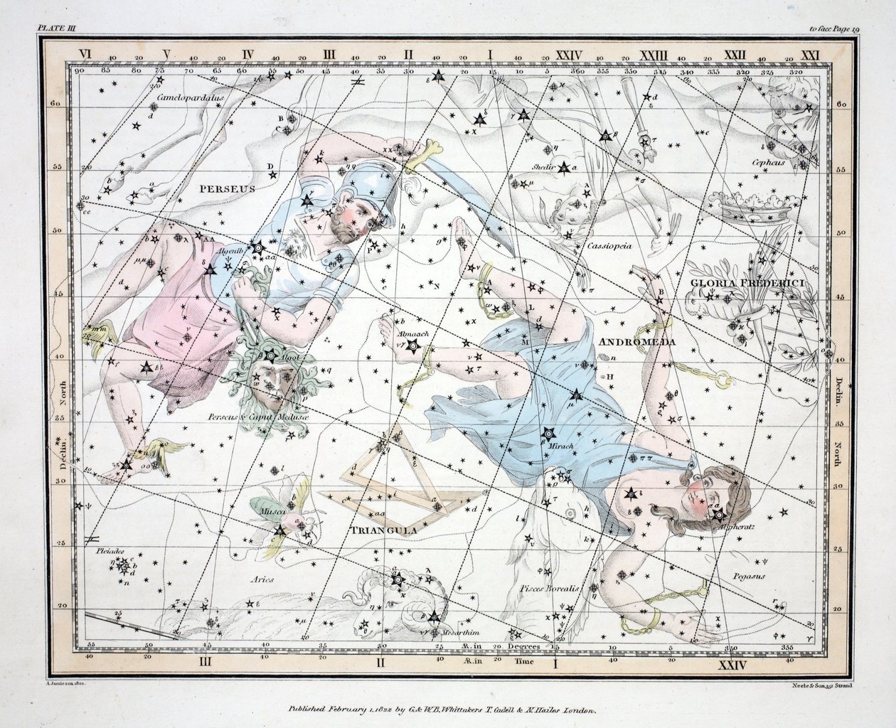Stjärnbilderna (planka III) Andromeda, Triangula, I Perseus et Caput Meduse, Gloria Frederici, från "A Celestial Atlas" av Alexander Jamieson, pub. London 1822 (handkolorerad gravyr) av Alexander Jamieson