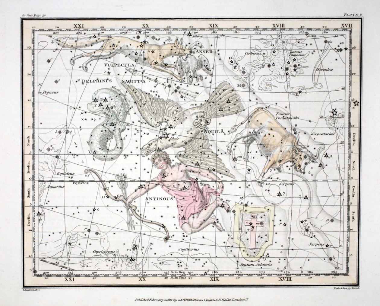 Konstellationerna (Plate X) Aquila et Antinous, Scutum Sobieski, Taurus Poniatowski, Sagitta, Valpecula et Anser och Delphinus, från "A Celestial Atlas" av Alexander Jamieson, pub. London 1822 (hand av Alexander Jamieson