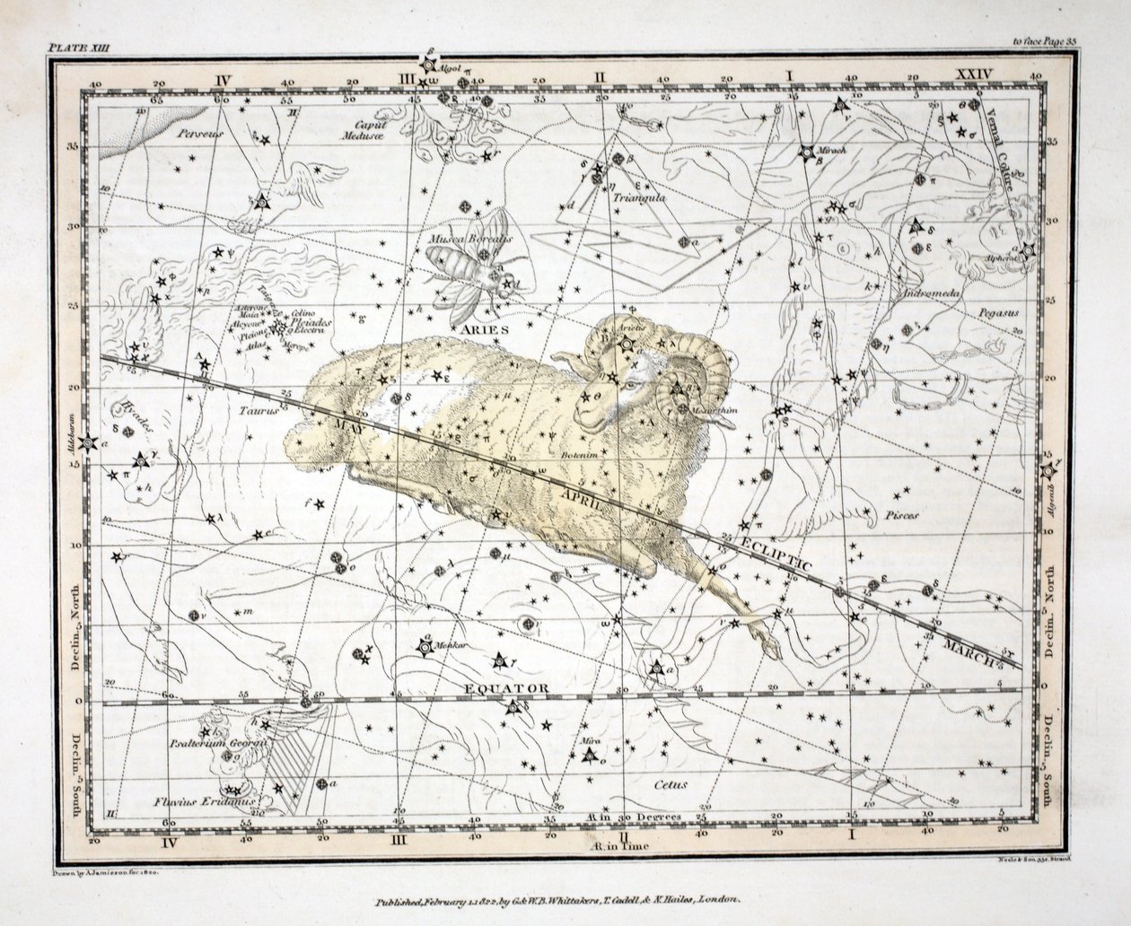 Konstellationerna (platta XIII) Väduren och Musca Borealis, från "A Celestial Atlas" av Alexander Jamieson, pub. London 1822 (handfärgad gravyr) av Alexander Jamieson