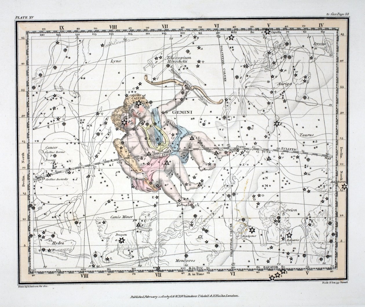 The Constellations (Plate XV) Tvillingarna, från "A Celestial Atlas" av Alexander Jamieson, pub. London 1822 (handfärgad gravyr) av Alexander Jamieson