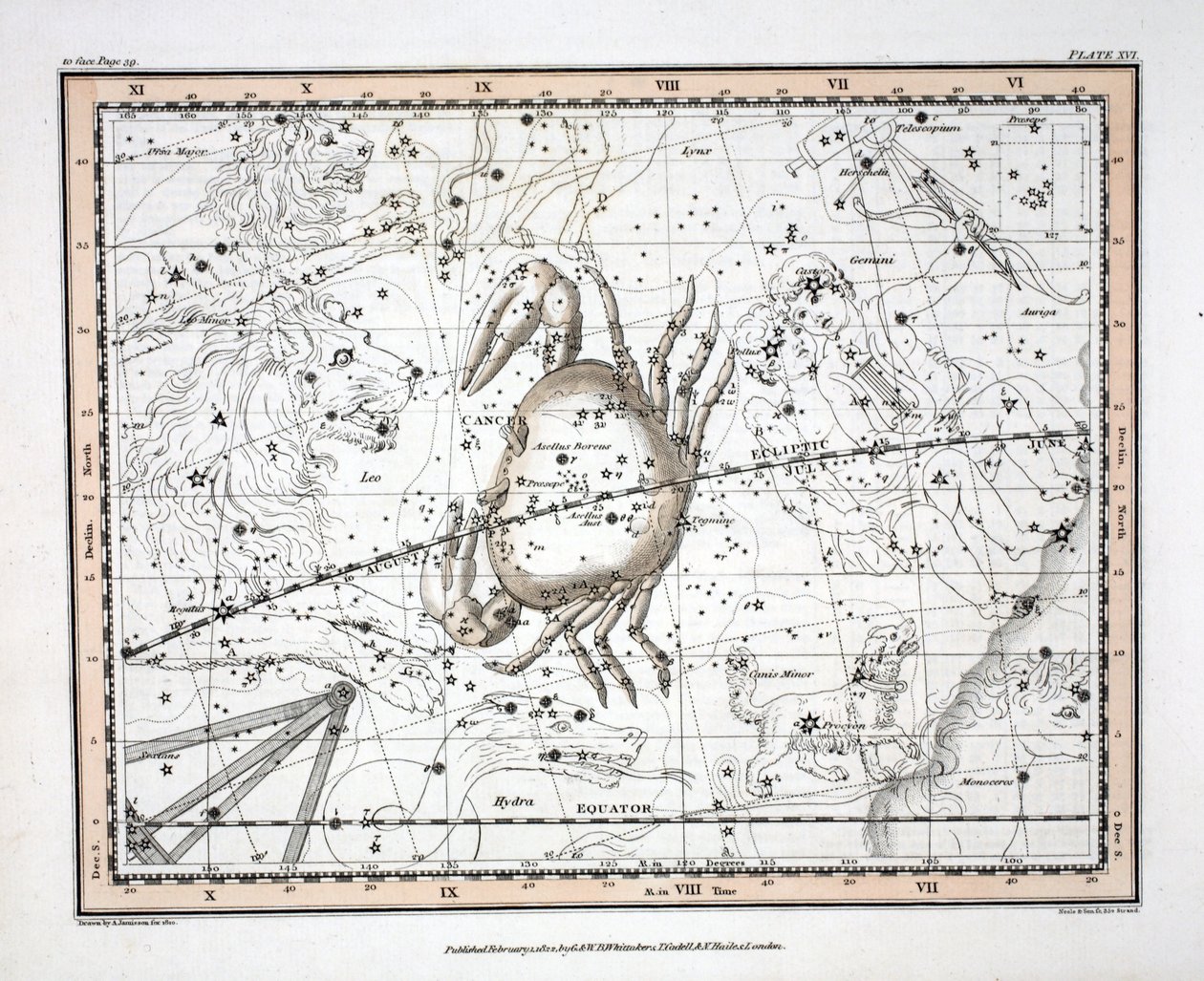 Stjärnbilderna (bild XVI) Kräftan, från "A Celestial Atlas" av Alexander Jamieson, pub. London 1822 (handkolorerad gravyr) av Alexander Jamieson