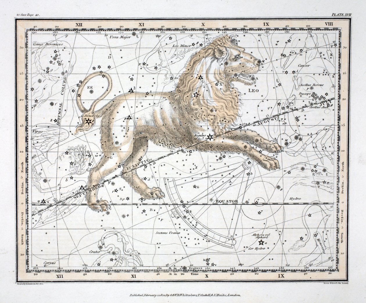 Stjärnbilderna (tavla XVII) Leo, från "A Celestial Atlas" av Alexander Jamieson, pub. London 1822 (handkolorerad gravyr) av Alexander Jamieson