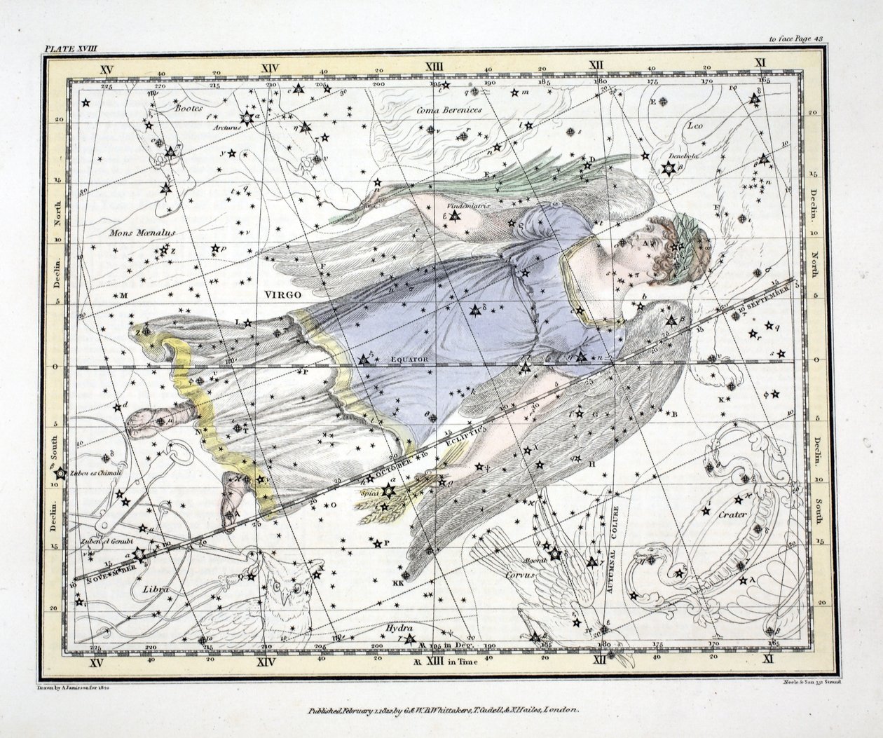Konstellationerna (platta XVIII) Jungfrun, från "A Celestial Atlas" av Alexander Jamieson, pub. London 1822 (handfärgad gravyr) av Alexander Jamieson