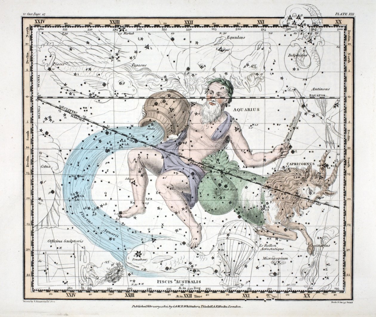 Konstellationerna (platta XXI) Stenbocken och Vattumannen, från "A Celestial Atlas" av Alexander Jamieson, pub. London 1822 (handfärgad gravyr) av Alexander Jamieson
