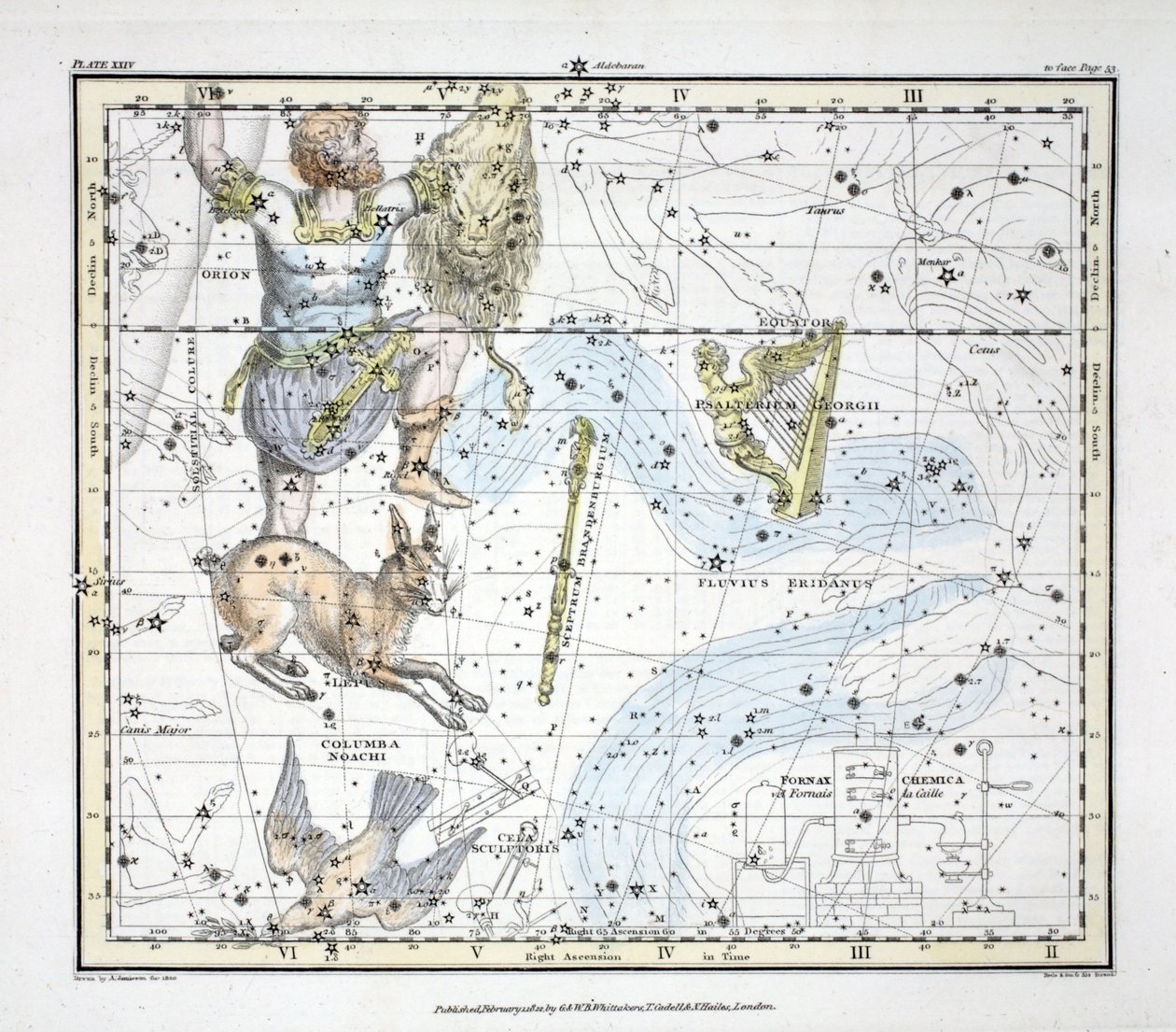 Stjärnbilderna (tavla XXIV) Fluvius Eridanus, Orion; Lepus, Columba Noachi, Cela Sculptoris, Psalterium Georgii, Horologium, Equuleus Pictorius, Brandenbergium Sceptrum, från "A Celestial Atlas" b av Alexander Jamieson