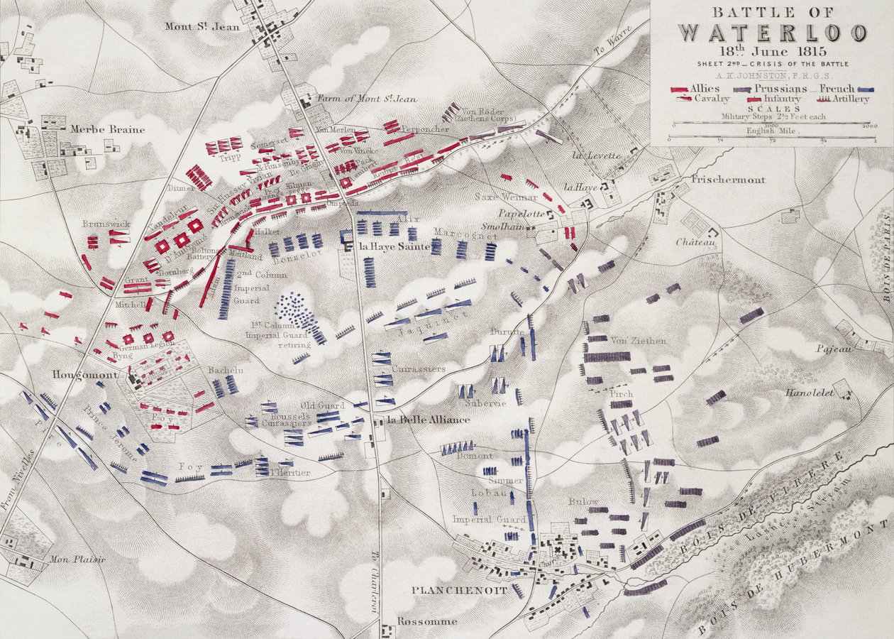 Slaget vid Waterloo, 18 juni 1815, blad 2, slagets kris (se även 101886) av Alexander Keith Johnston