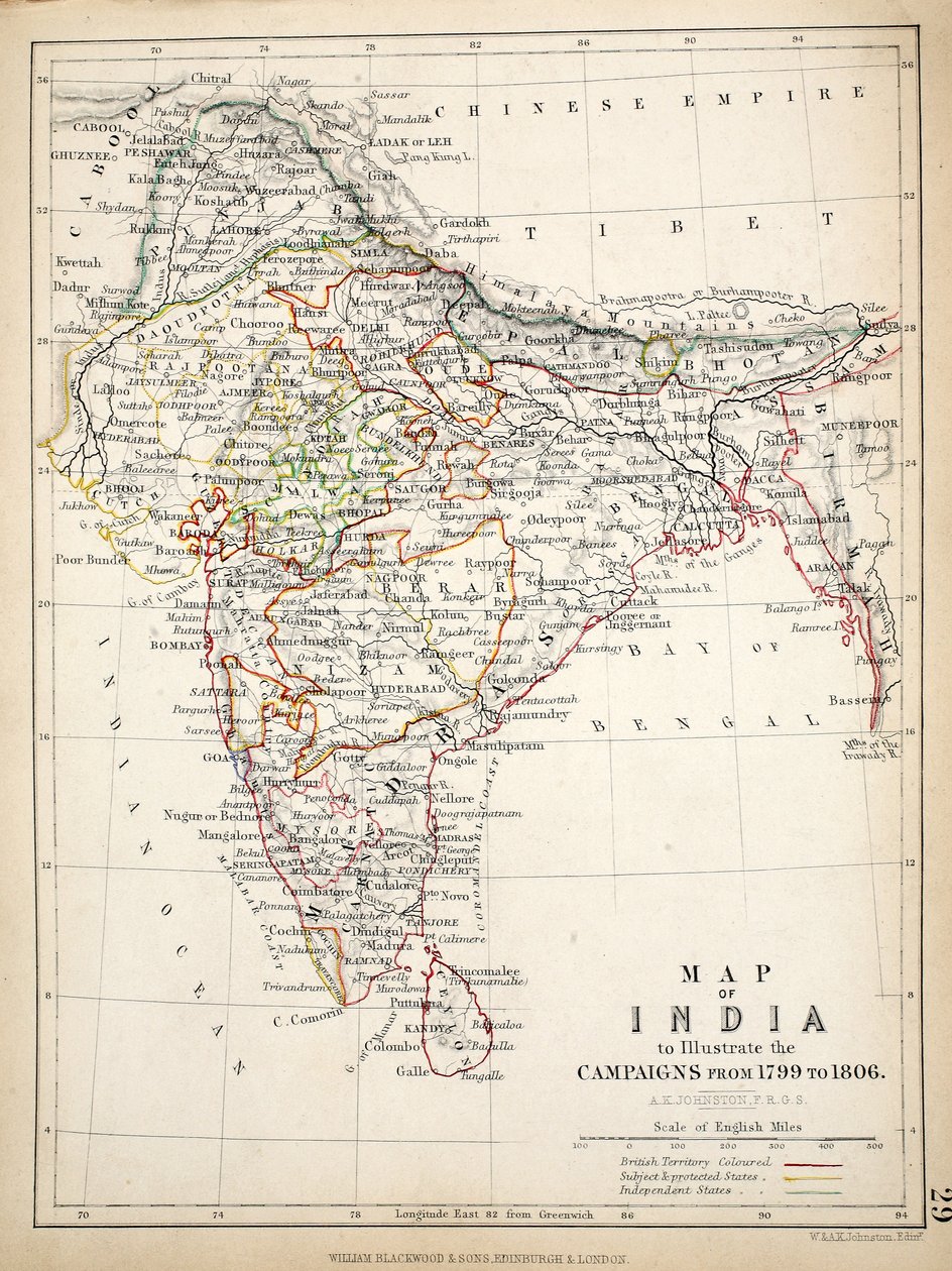 Karta över Indien, publicerad av William Blackwood and Sons, Edinburgh och London, 1848 (handfärgad gravyr) av Alexander Keith Johnston
