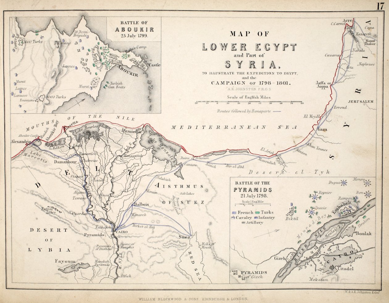 Karta över Nedre Egypten och delar av Syrien, utgiven av William Blackwood and Sons, Edinburgh och London, 1848 (handkolorerad gravyr) av Alexander Keith Johnston