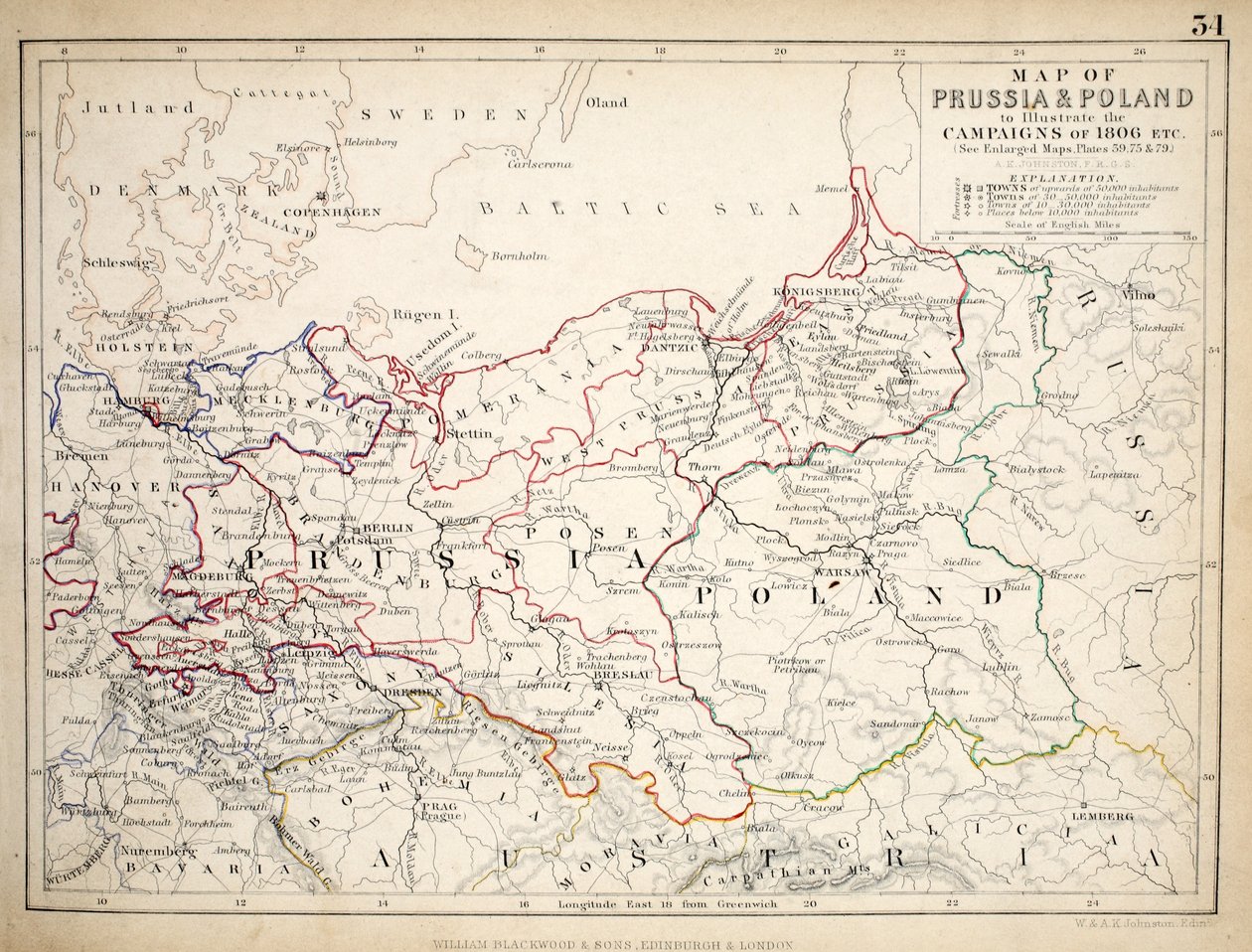 Karta över Preussen och Polen, utgiven av William Blackwood and Sons, Edinburgh och London, 1848 (handkolorerad gravyr) av Alexander Keith Johnston