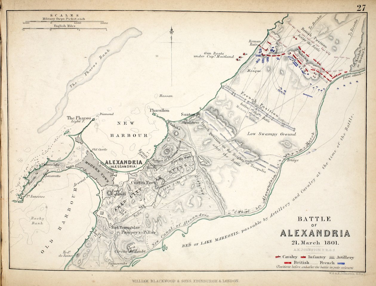 Karta över slaget vid Alexandria, publicerad av William Blackwood and Sons, Edinburgh och London, 1848 (handfärgad gravyr) av Alexander Keith Johnston