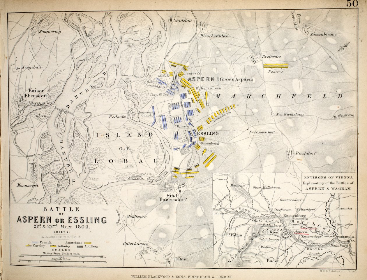 Karta över slaget vid Aspern eller Essling, publicerad av William Blackwood and Sons, Edinburgh och London, 1848 (handfärgad gravyr) av Alexander Keith Johnston