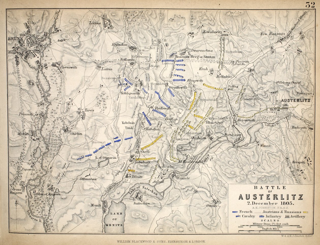 Karta över slaget vid Austerlitz, utgiven av William Blackwood and Sons, Edinburgh och London, 1848 (handkolorerad gravyr) av Alexander Keith Johnston