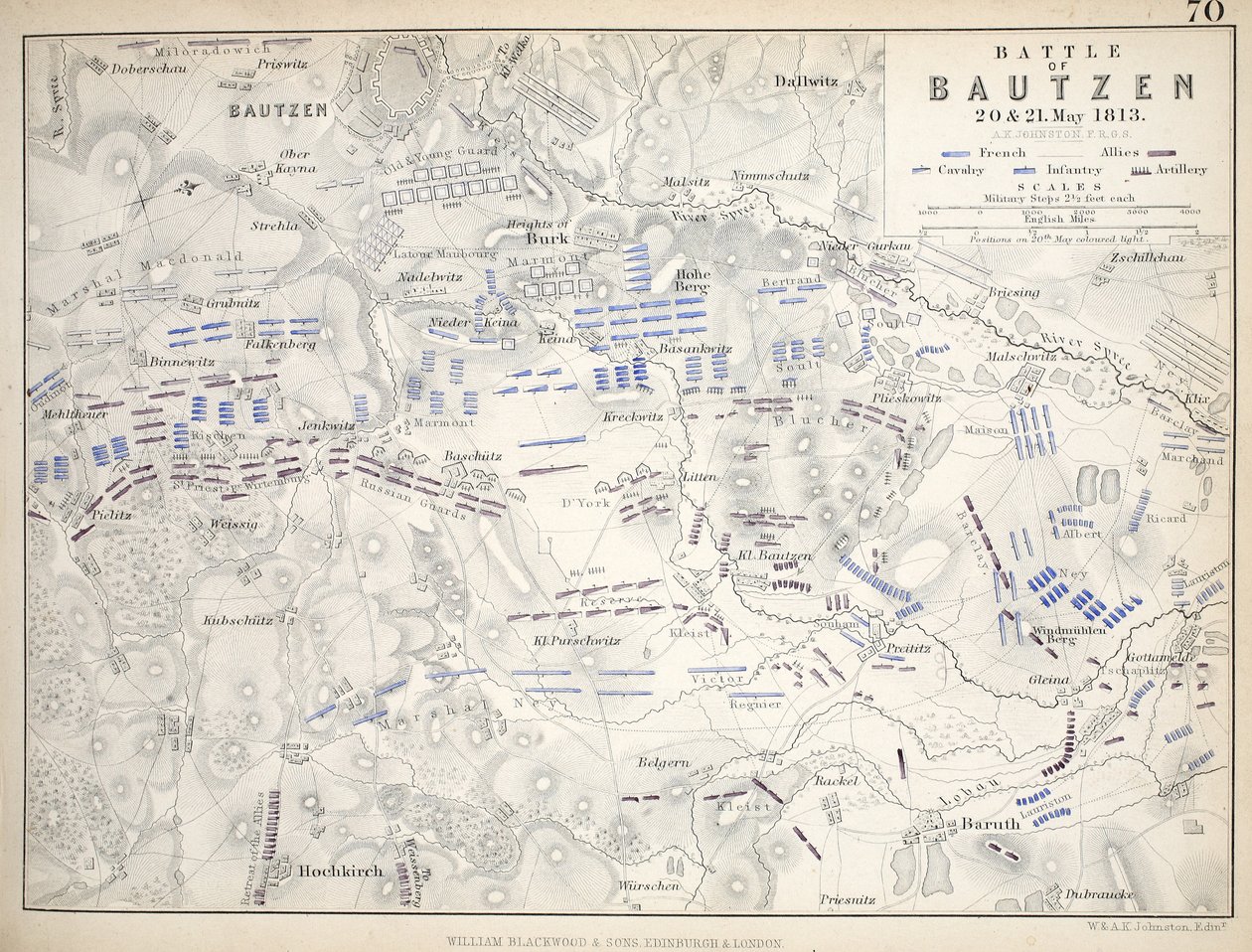 Karta över slaget vid Bautzen, publicerad av William Blackwood and Sons, Edinburgh och London, 1848 (handfärgad gravyr) av Alexander Keith Johnston