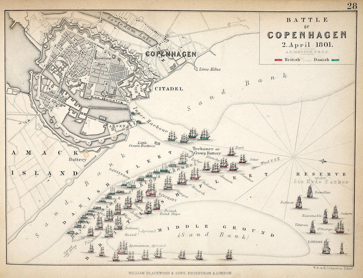 Karta över slaget vid Köpenhamn, publicerad av William Blackwood and Sons, Edinburgh och London, 1848 (handfärgad gravyr) av Alexander Keith Johnston