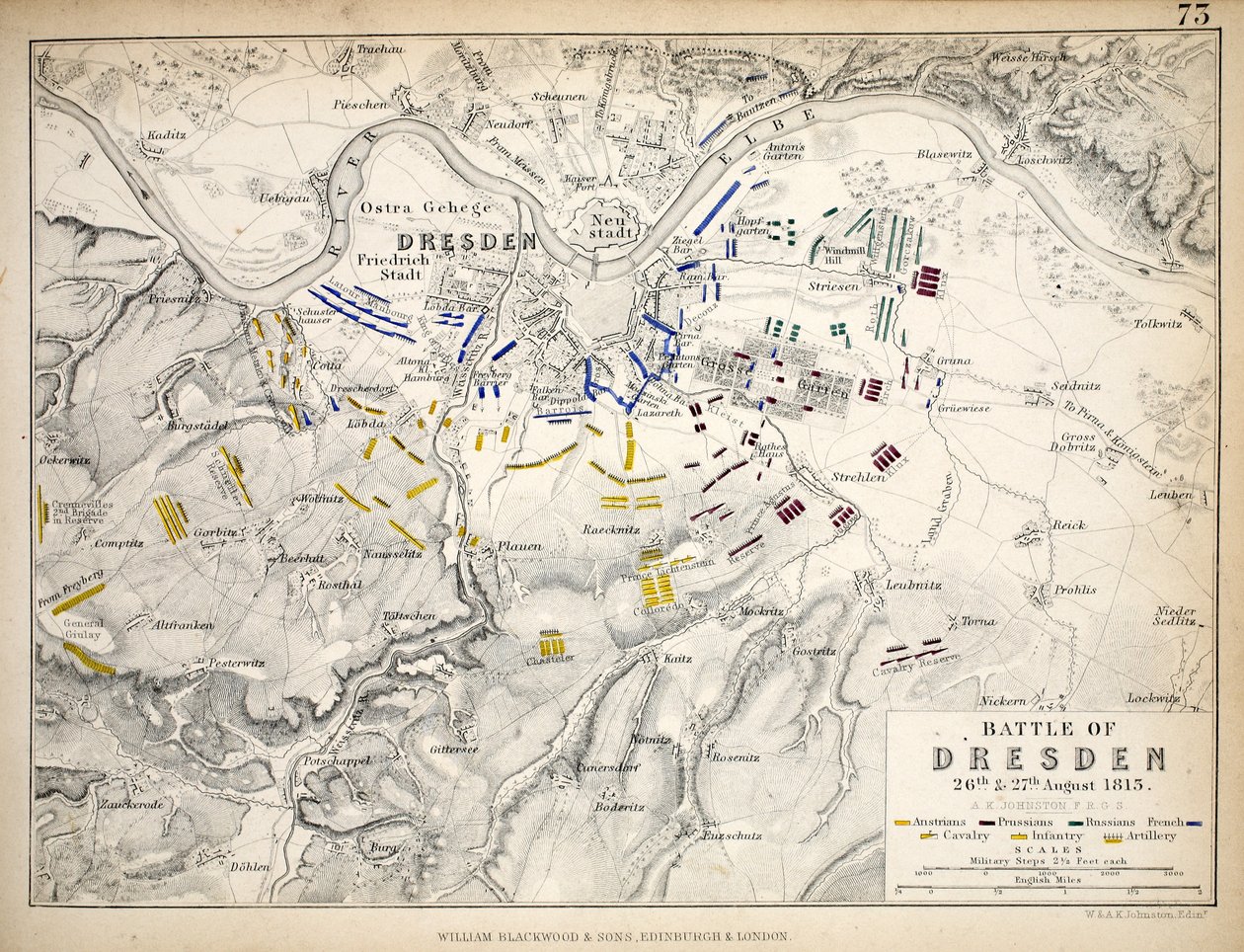 Karta över slaget vid Dresden, utgiven av William Blackwood and Sons, Edinburgh och London, 1848 (handkolorerat gravyr) av Alexander Keith Johnston