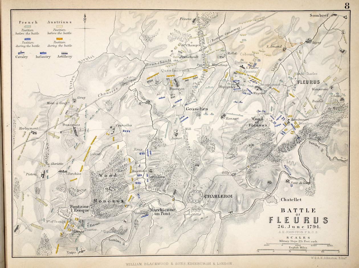 Karta över slaget vid Fleurus, utgiven av William Blackwood and Sons, Edinburgh och London, 1848 (handkolorerad gravyr) av Alexander Keith Johnston