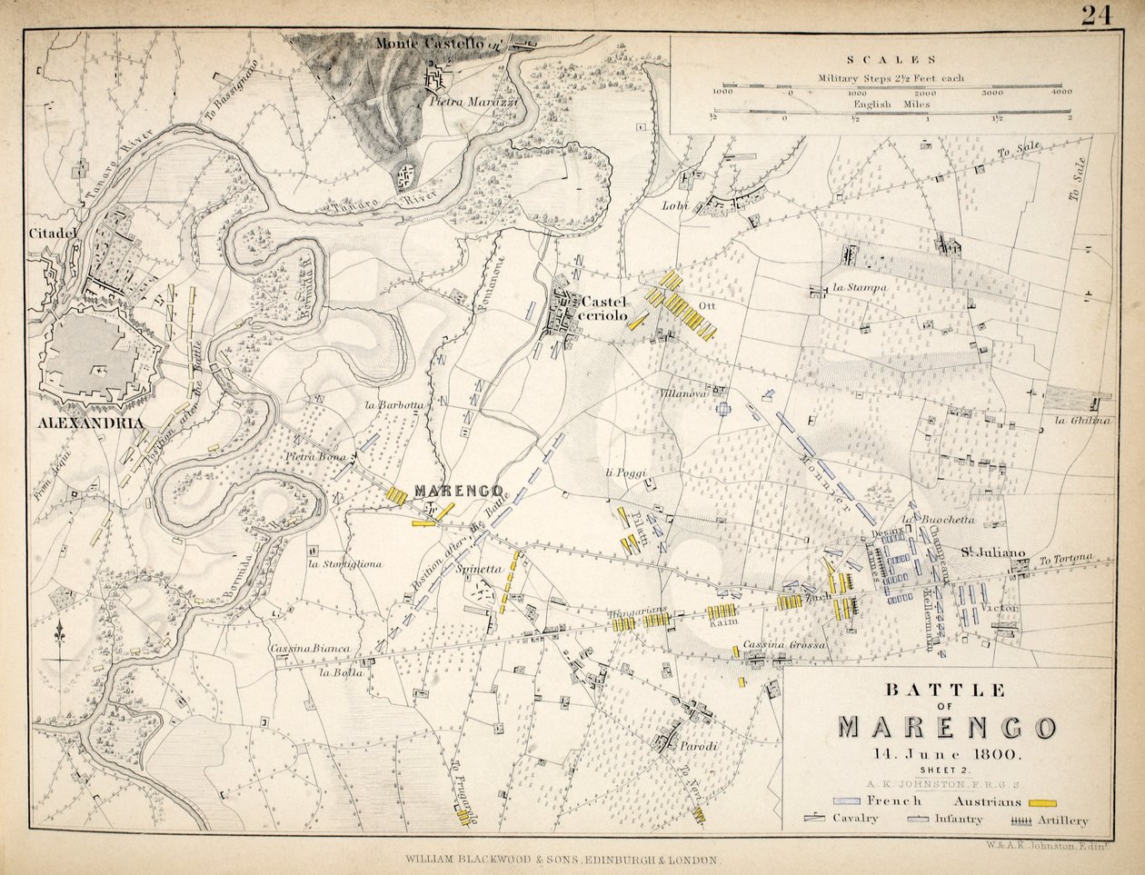 Karta över slaget vid Marengo, publicerad av William Blackwood and Sons, Edinburgh och London, 1848 (handfärgad gravyr) av Alexander Keith Johnston