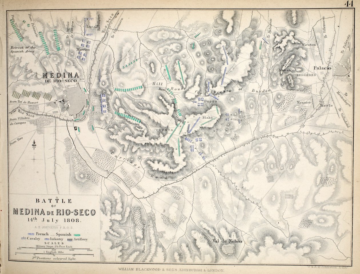 Karta över slaget vid Medina de Rio-Seco, publicerad av William Blackwood and Sons, Edinburgh och London, 1848 (handfärgad gravyr) av Alexander Keith Johnston