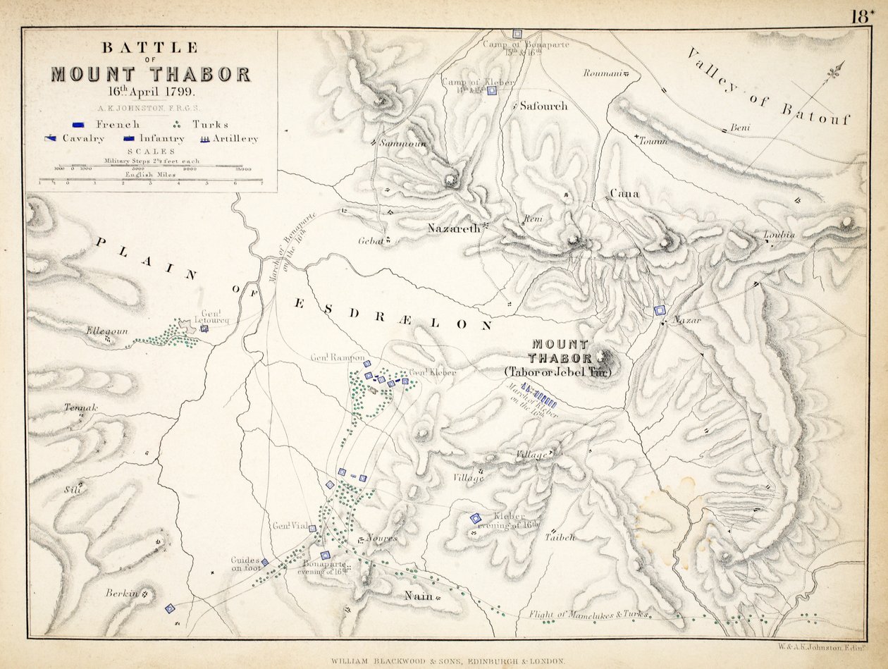 Karta över slaget vid Mount Thabor, publicerad av William Blackwood and Sons, Edinburgh och London, 1848 (handfärgad gravyr) av Alexander Keith Johnston