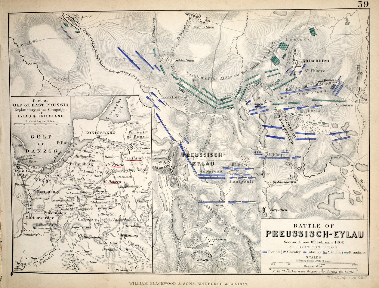 Karta över slaget vid Preussisch-Eylau, utgiven av William Blackwood and Sons, Edinburgh und London, 1848 (handkolorerat gravyr) av Alexander Keith Johnston