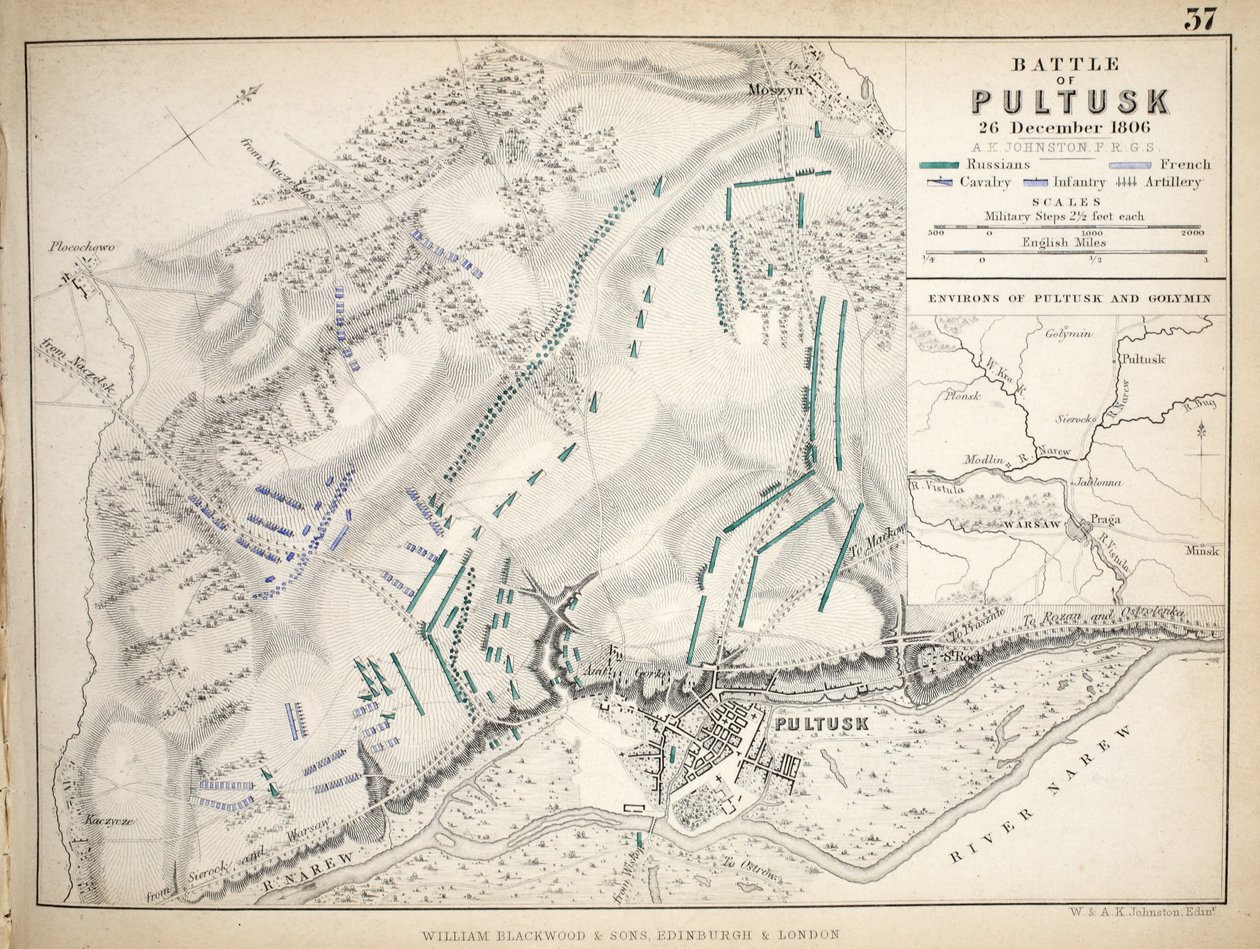 Karta över slaget vid Pultusk, publicerad av William Blackwood and Sons, Edinburgh och London, 1848 (handfärgad gravyr) av Alexander Keith Johnston