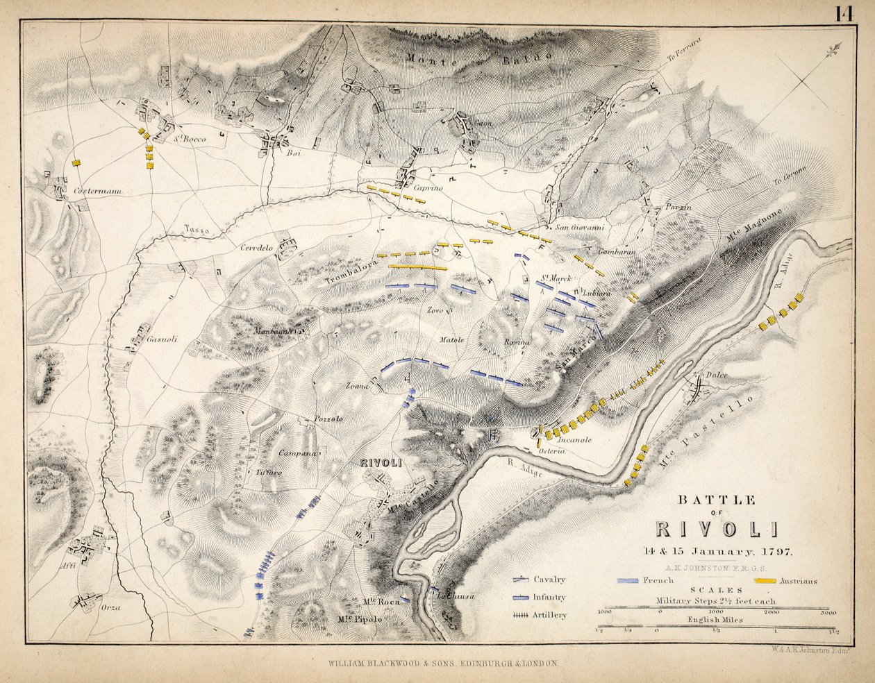 Karta över slaget vid Rivoli, utgiven av William Blackwood and Sons, Edinburgh och London, 1848 (handkolorerad gravyr) av Alexander Keith Johnston