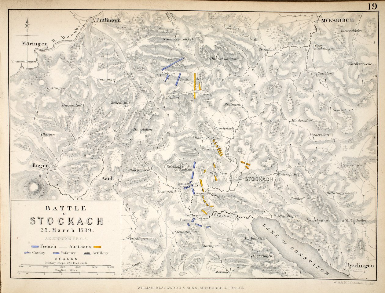 Karta över slaget vid Stockach, publicerad av William Blackwood and Sons, Edinburgh och London, 1848 (handfärgad gravyr) av Alexander Keith Johnston