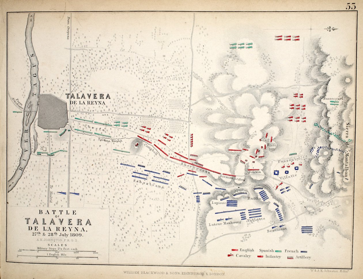 Karta över slaget vid Talavera, publicerad av William Blackwood and Sons, Edinburgh och London, 1848 (handfärgad gravyr) av Alexander Keith Johnston