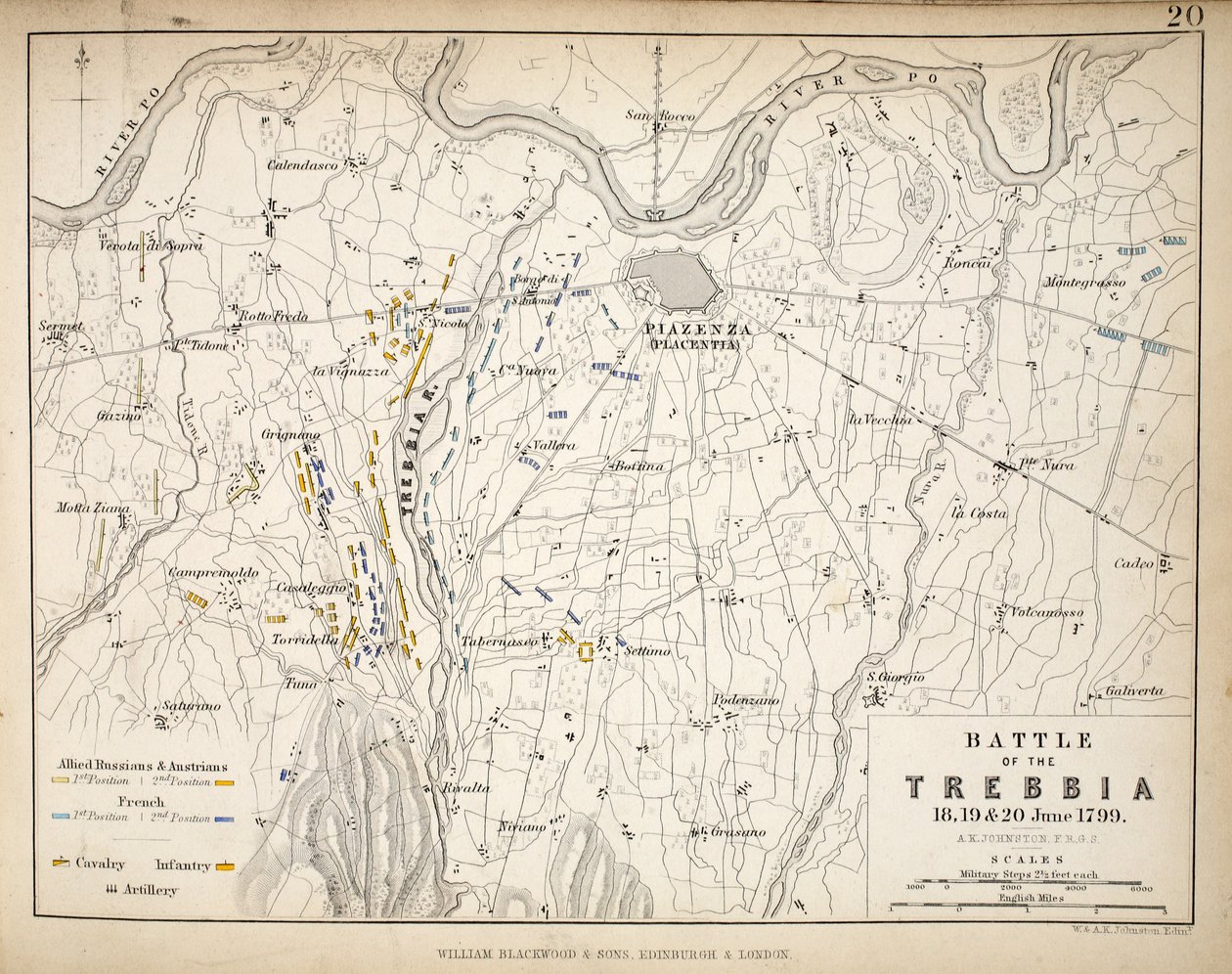Karta över slaget vid Trebbia, publicerad av William Blackwood and Sons, Edinburgh och London, 1848 (handfärgad gravyr) av Alexander Keith Johnston
